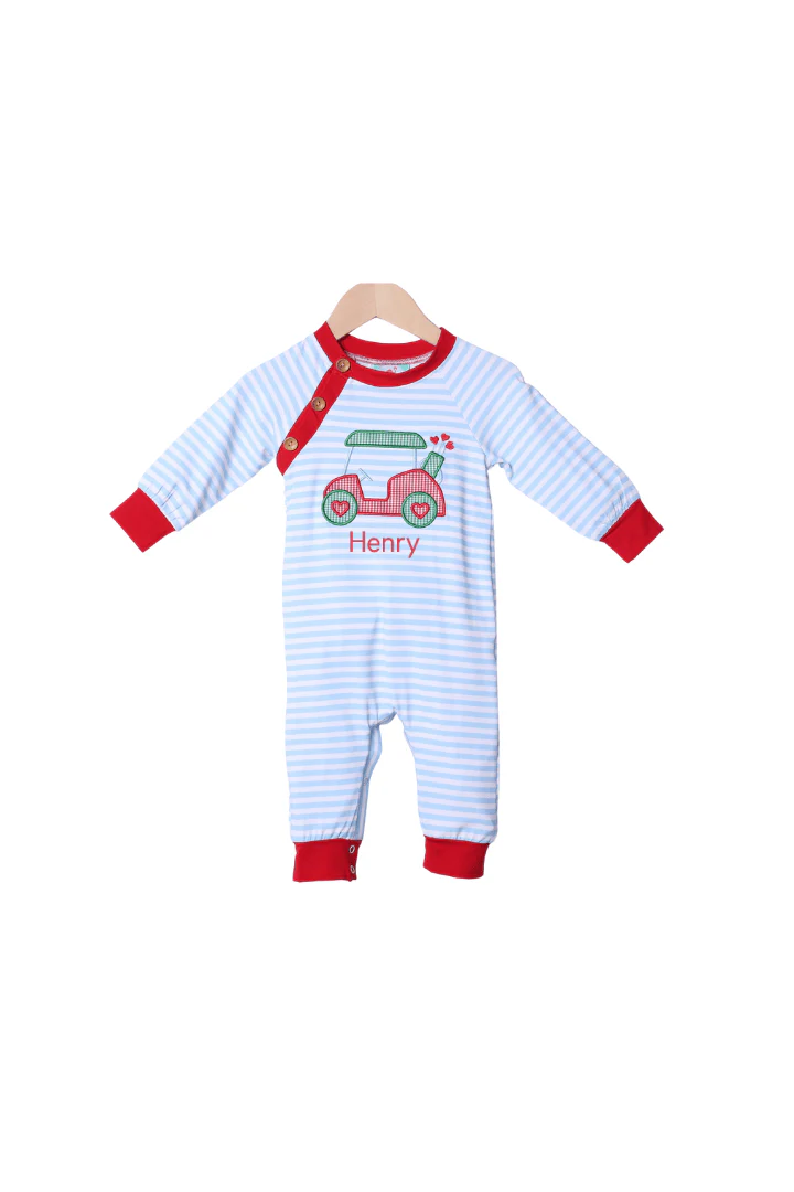 Applique Golf Heart Blue Stripe Romper