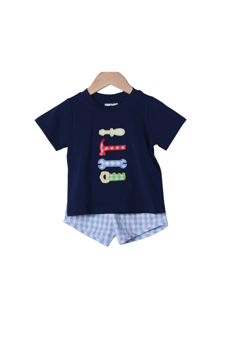 Applique Handy Man Blue Gingham Short Set