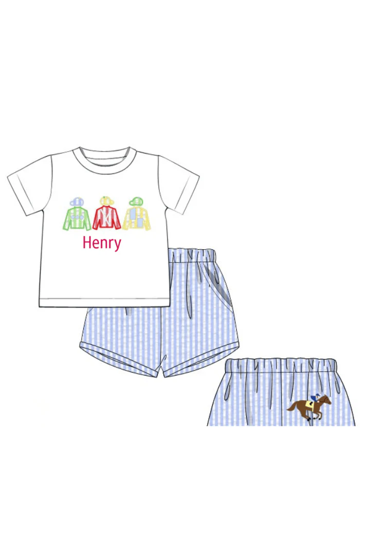 Applique Jockey Silks Blue Seersucker Short Set - Image 3