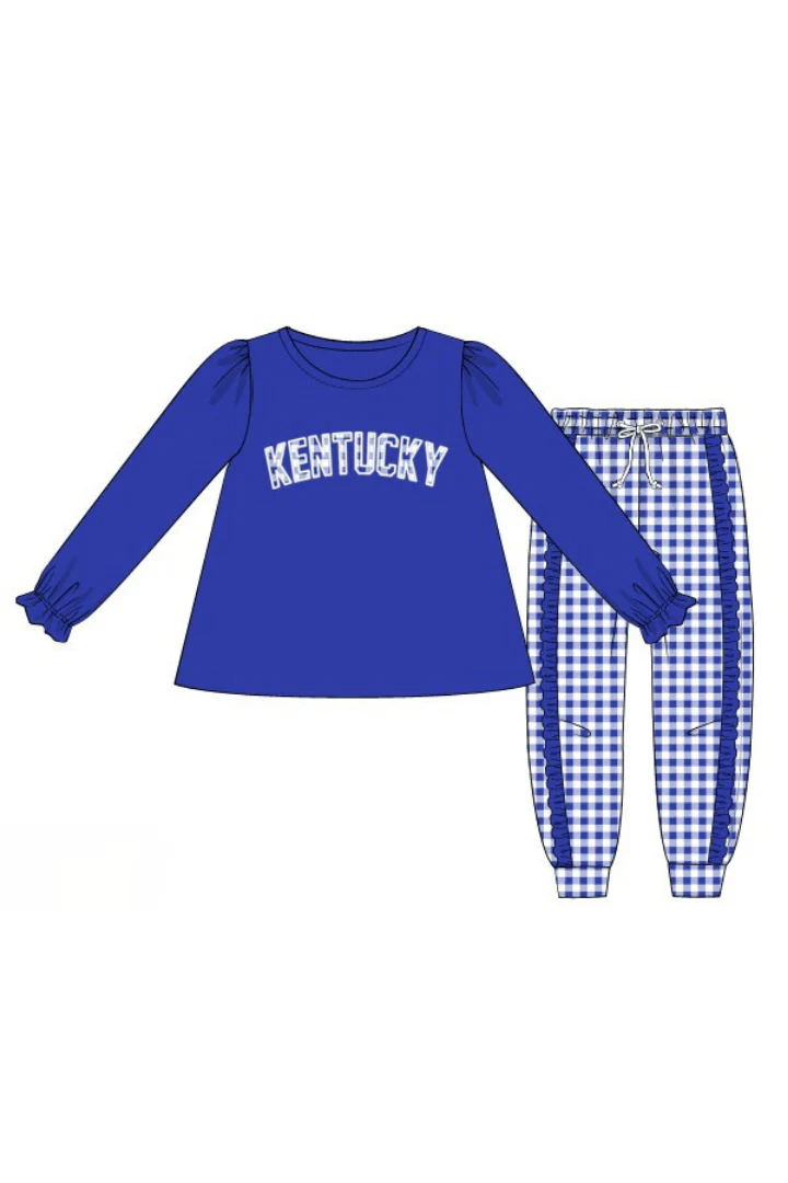 Applique Kentucky Blue Gingham Ruffle Jogger Set - Image 3