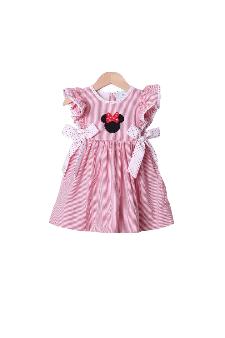 Applique Mouse Red Stripe/Bitty Dot Dress
