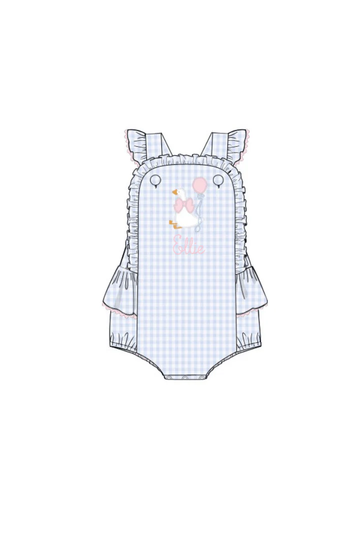 Applique Party Goose Blue Gingham Ruffle Bubble - Image 3