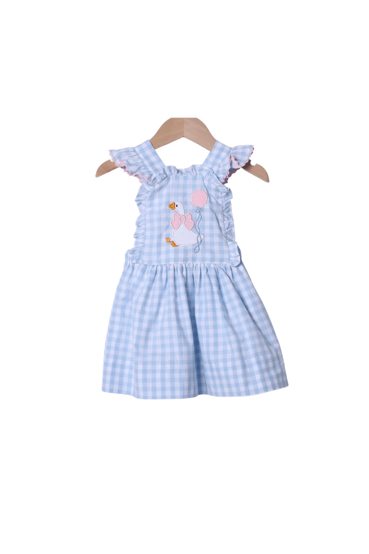 Applique Party Goose Blue Gingham Ruffle Dress