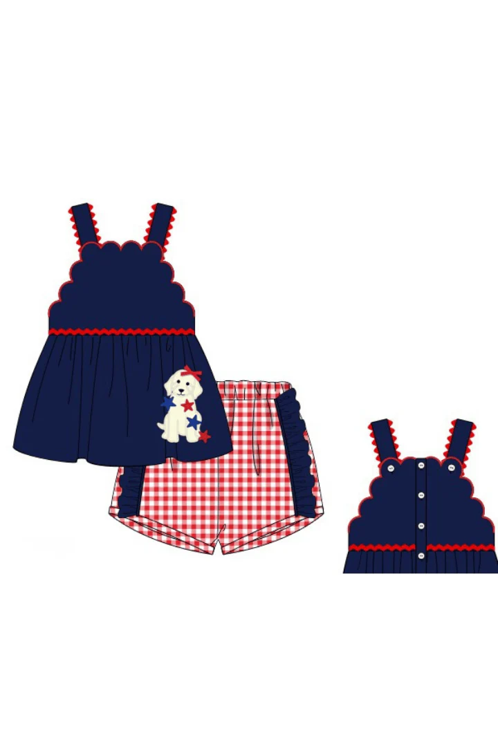 Applique Patriotic Pup Navy/Gingham Short Set - Image 2