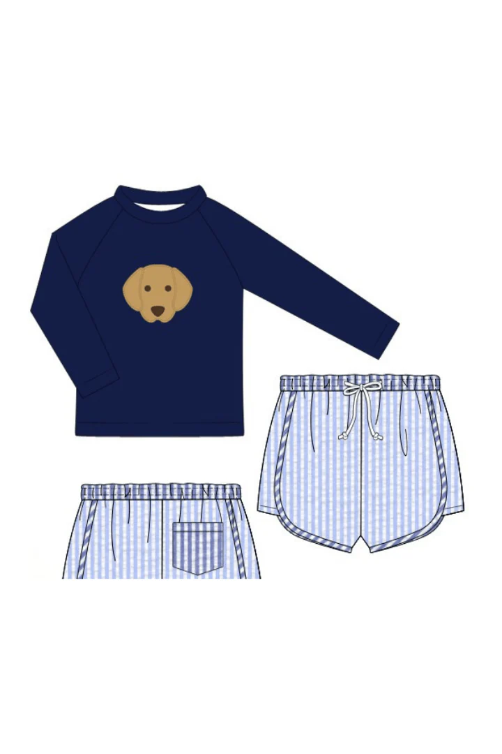Applique Puppy Blue Seersucker 2pc Rash Guard and Trunks - Image 3
