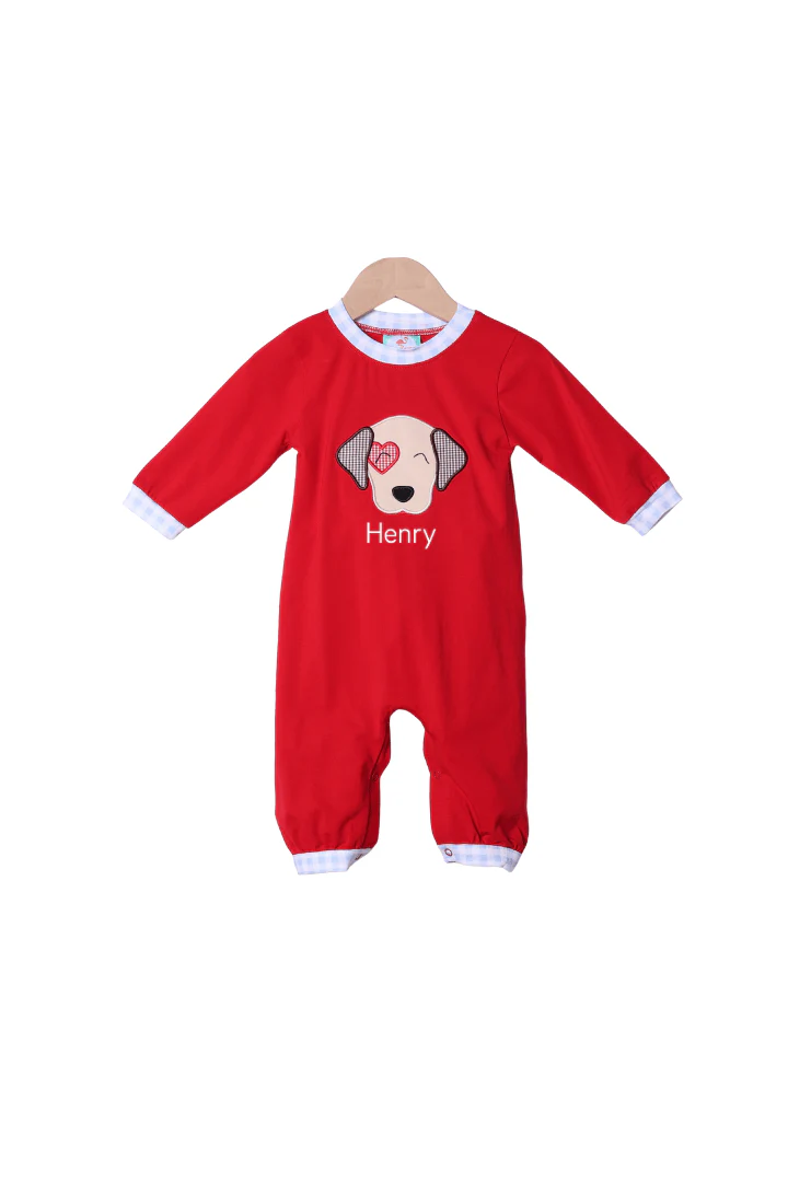 Applique Puppy Love Red Knit/Gingham Romper