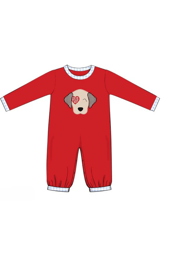 Applique Puppy Love Red Knit/Gingham Romper - Image 2