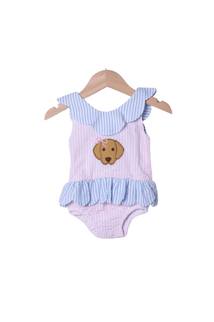Applique Puppy Pink/Blue Seersucker Swimsuit