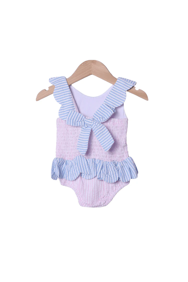 Applique Puppy Pink/Blue Seersucker Swimsuit - Image 2