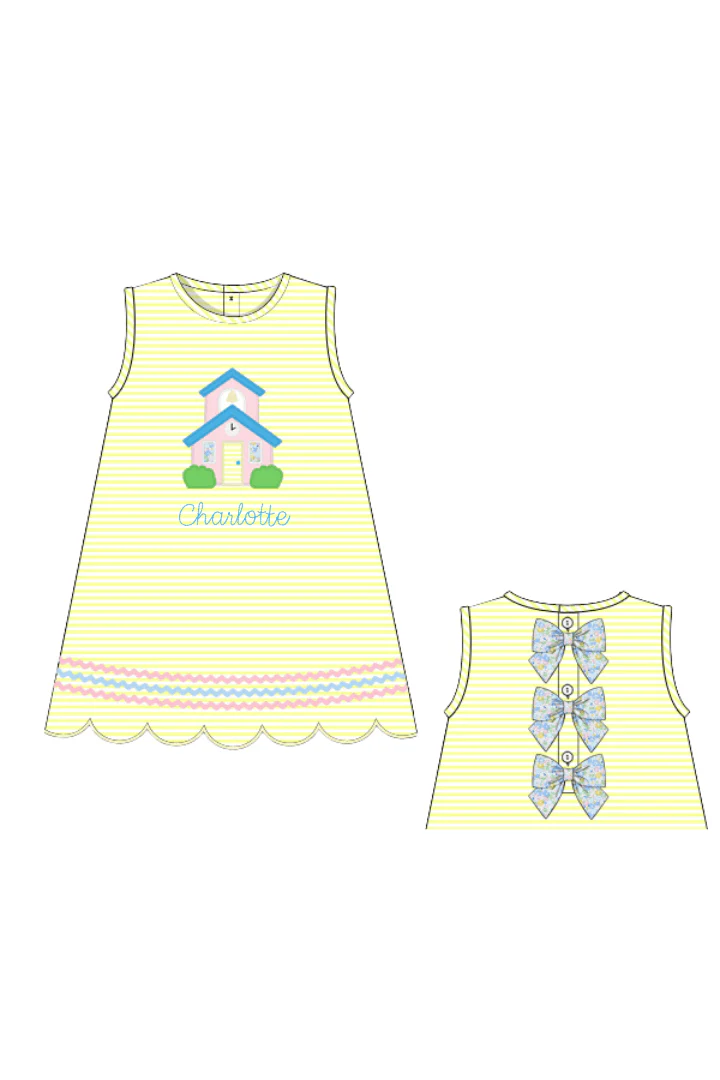 Applique School House Yellow Stripe Bow Dress - Image 2