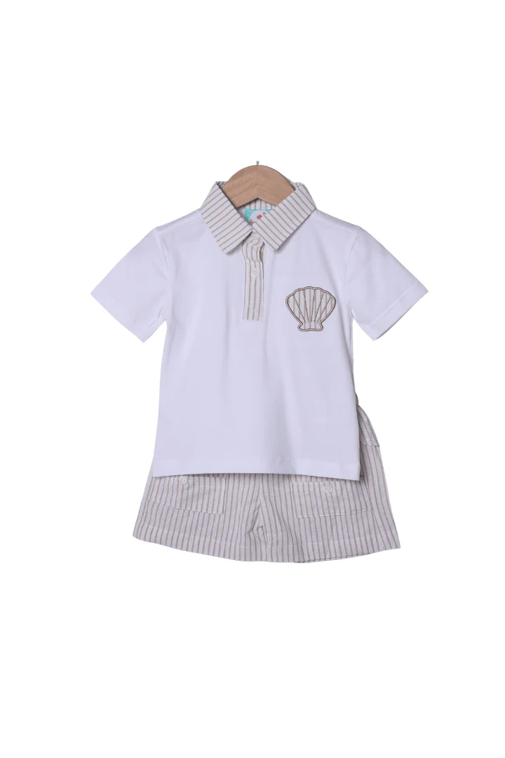 Applique Sea Shell Khaki Pinstripe Short Set