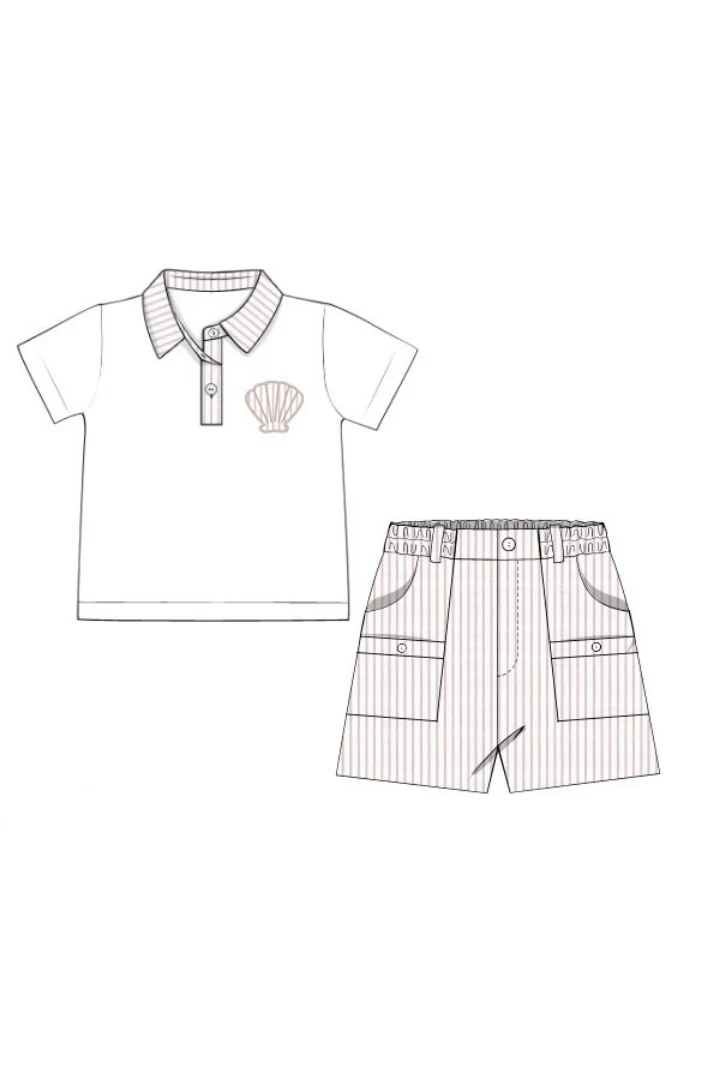 Applique Sea Shell Khaki Pinstripe Short Set - Image 4