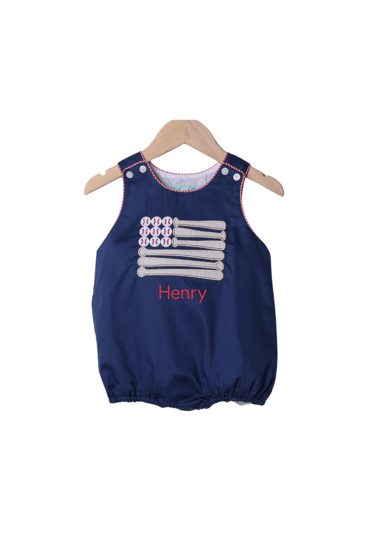 Applique Stars and Strikes Baseball Blue Gingham Bubble