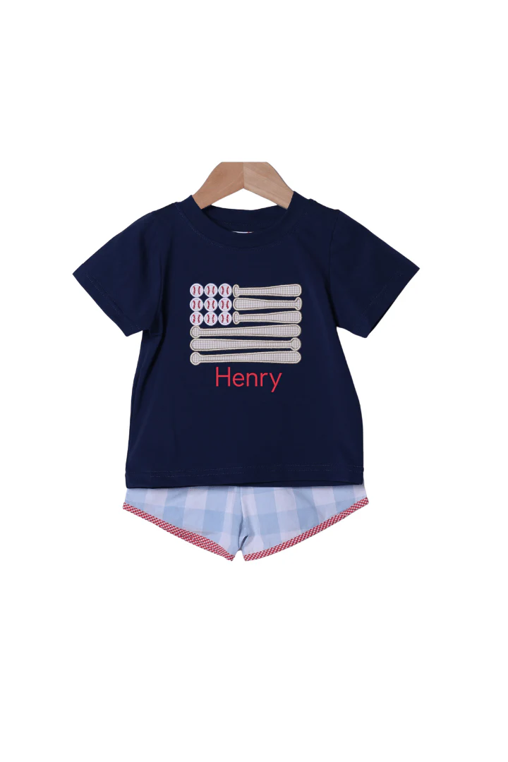 Applique Stars and Strikes Baseball Blue Gingham Short Set