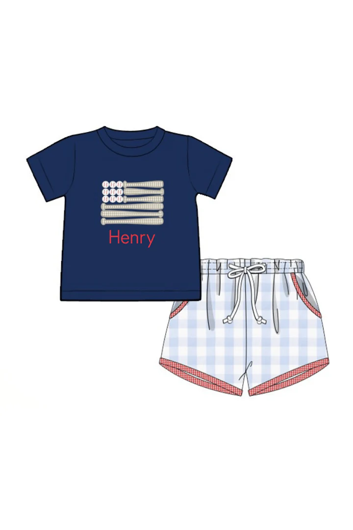 Applique Stars and Strikes Baseball Blue Gingham Short Set - Image 2