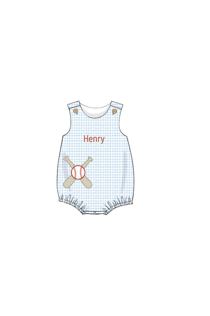 Baseball Applique Blue Gingham Knit Bubble - Image 2