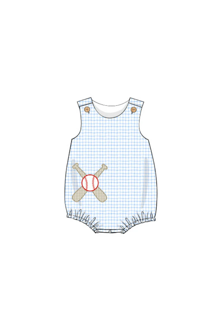 Baseball Applique Blue Gingham Knit Bubble - Image 3