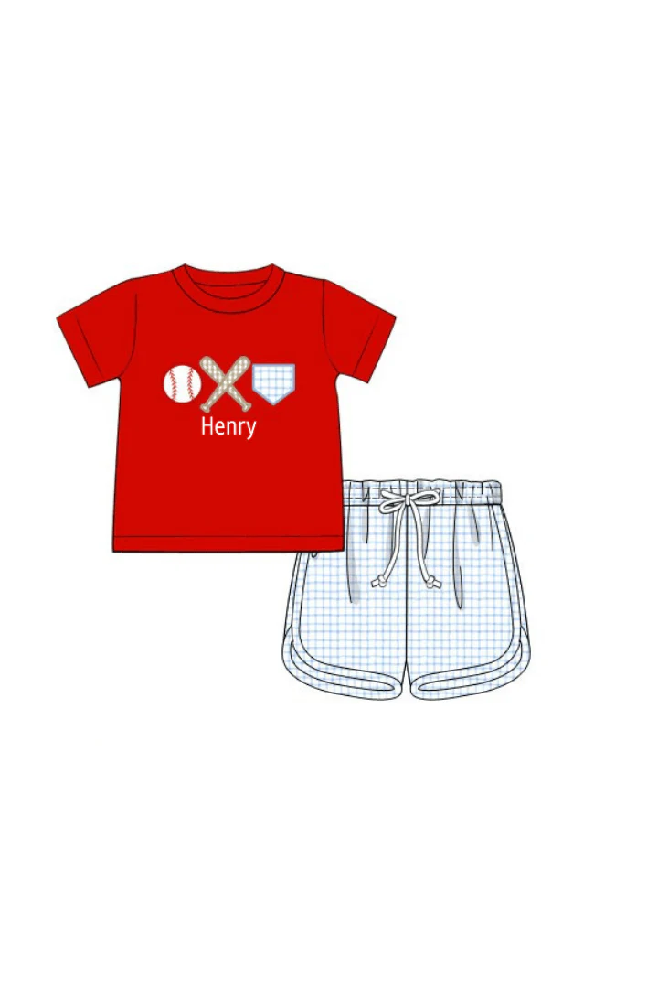 Baseball Applique Blue Gingham Knit Short Set - Image 4