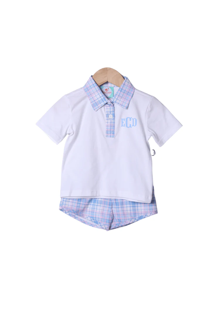 Blue and Pink Plaid Polo Short Set