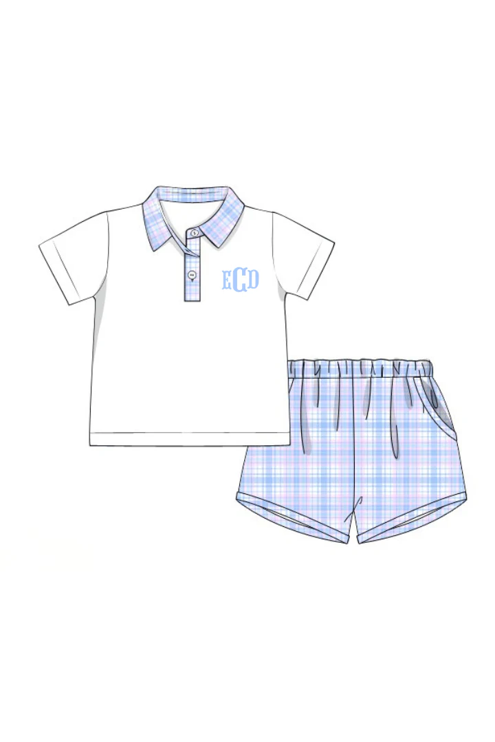 Blue and Pink Plaid Polo Short Set - Image 3