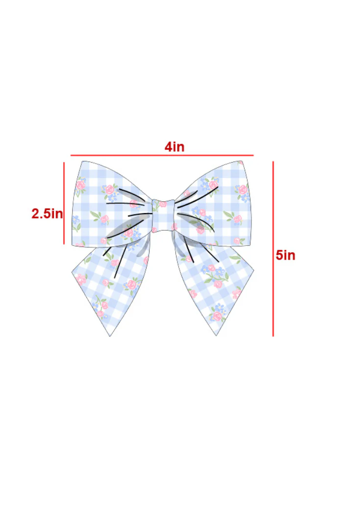 Blue Gingham Floral Hair Bow - Image 2