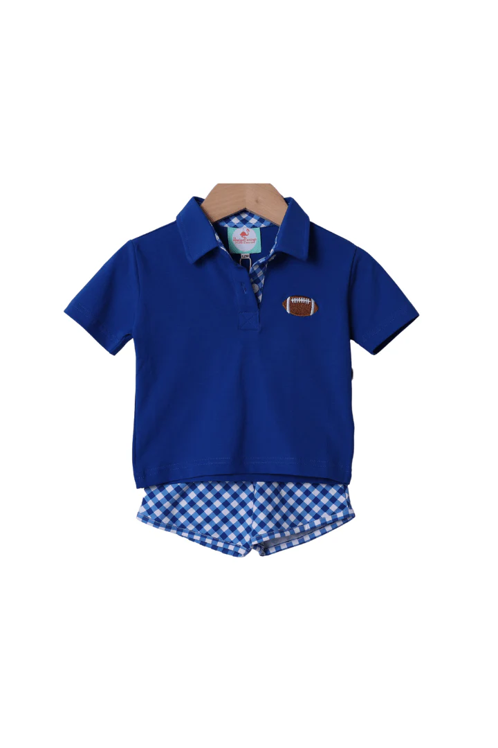 Blue Gingham French Knot Football Short Set