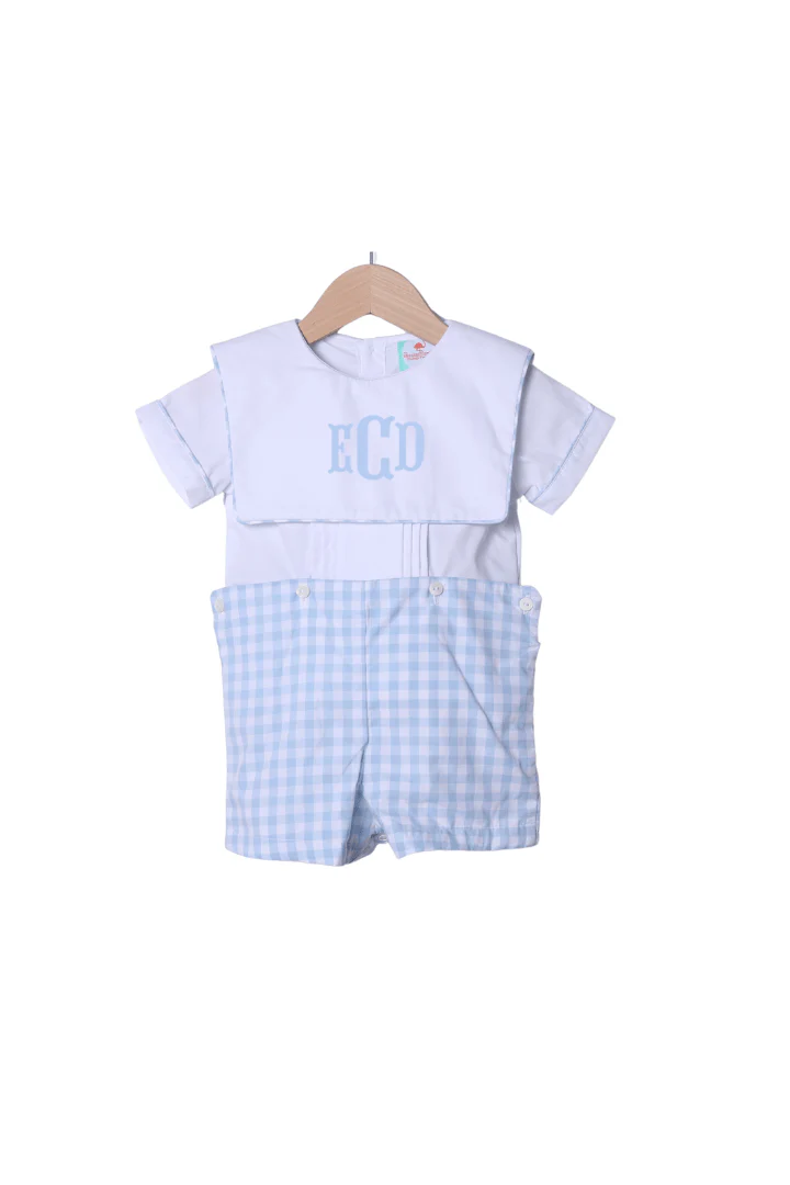 Blue Gingham Bib Button Short Set