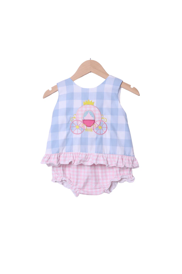 Blue Gingham Princess Carriage Applique Set