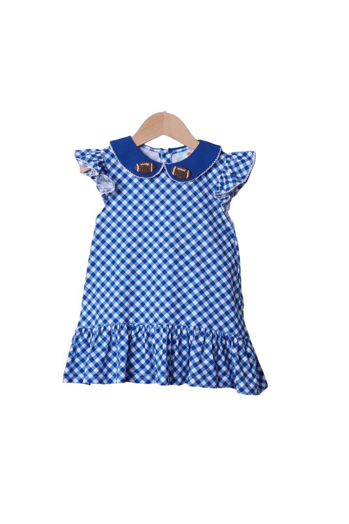Blue Gingham Ruffle French Knot Football Dress
