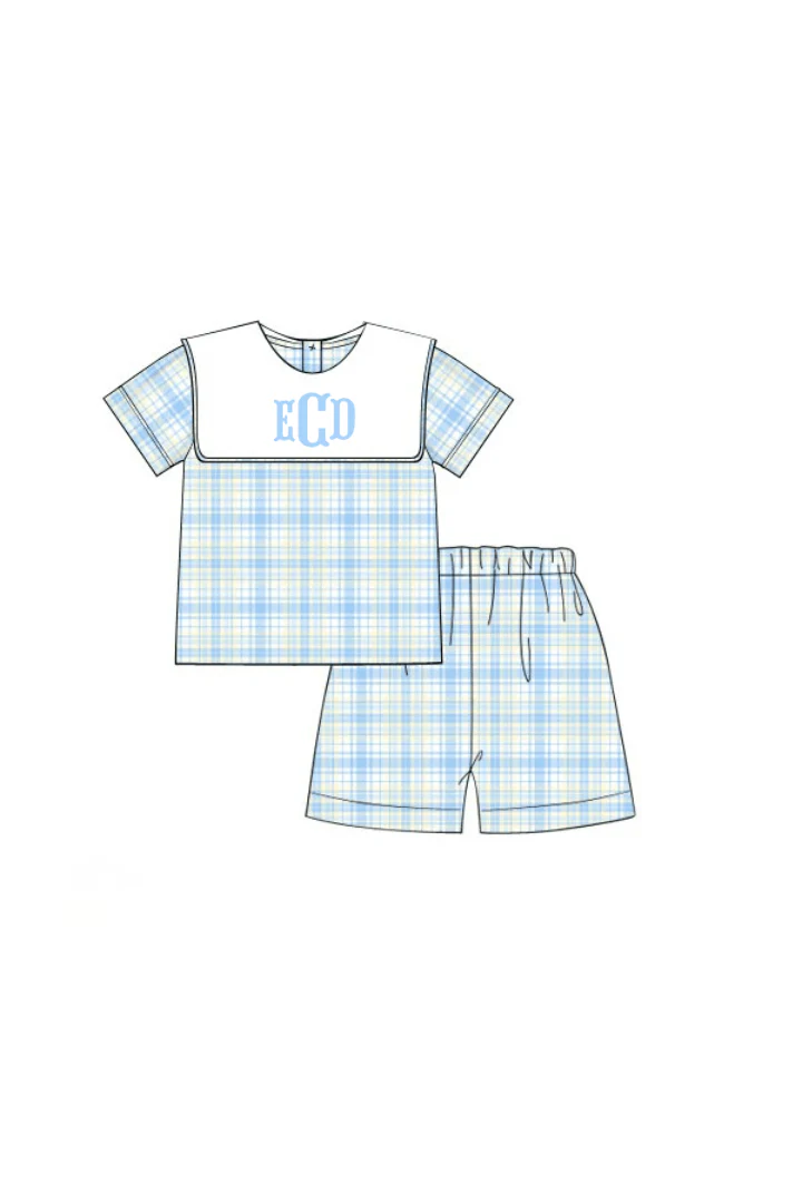Blue, Green and Yellow Plaid Bib Short Set - Image 2