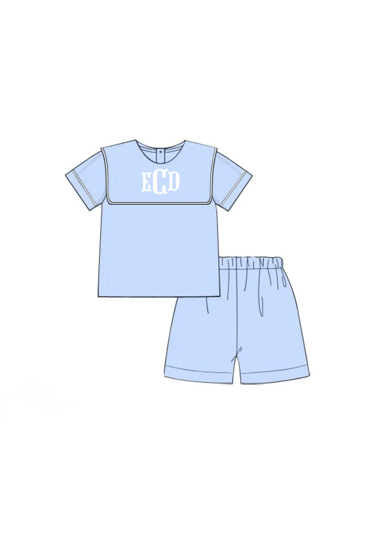 Blue Linen Bib Short Set - Image 2