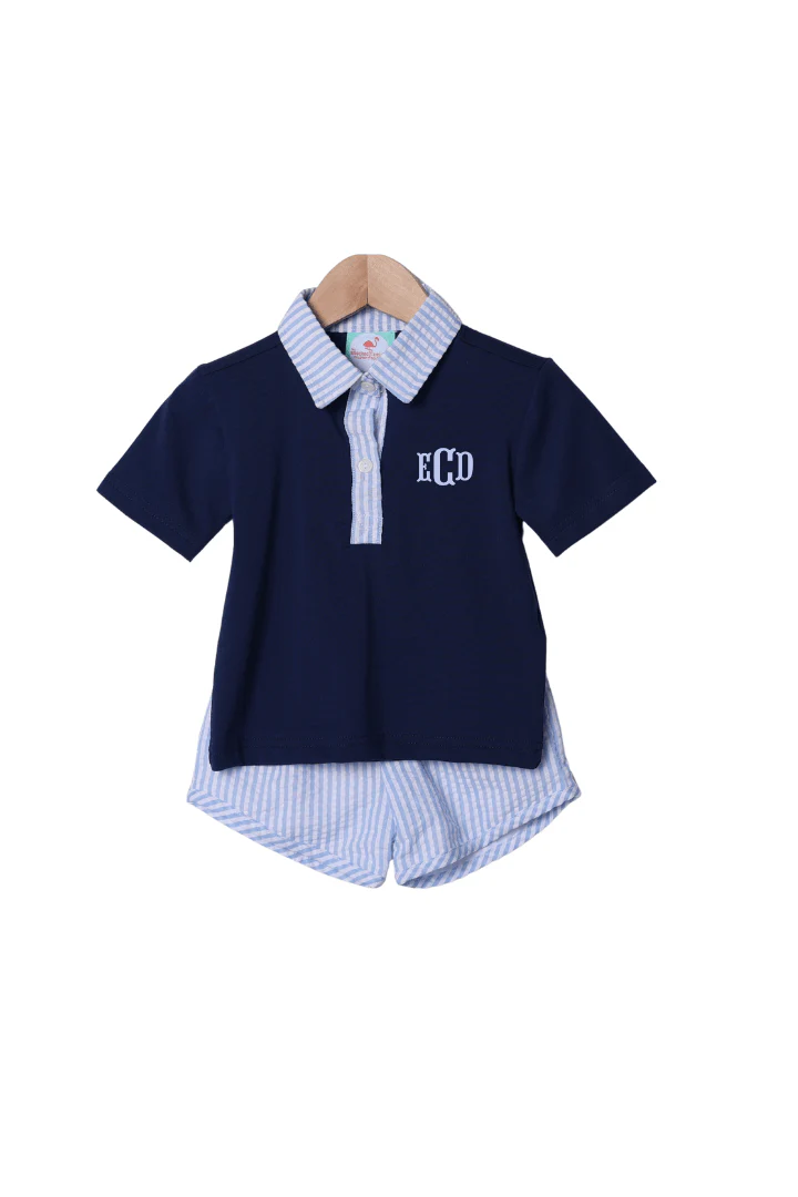 Blue Seersucker Classic Polo Short Set