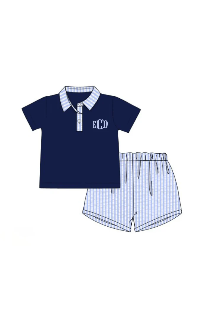 Blue Seersucker Classic Polo Short Set - Image 2