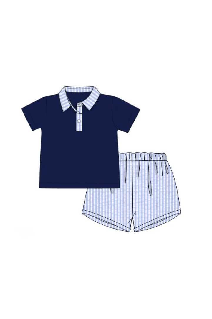 Blue Seersucker Classic Polo Short Set - Image 3