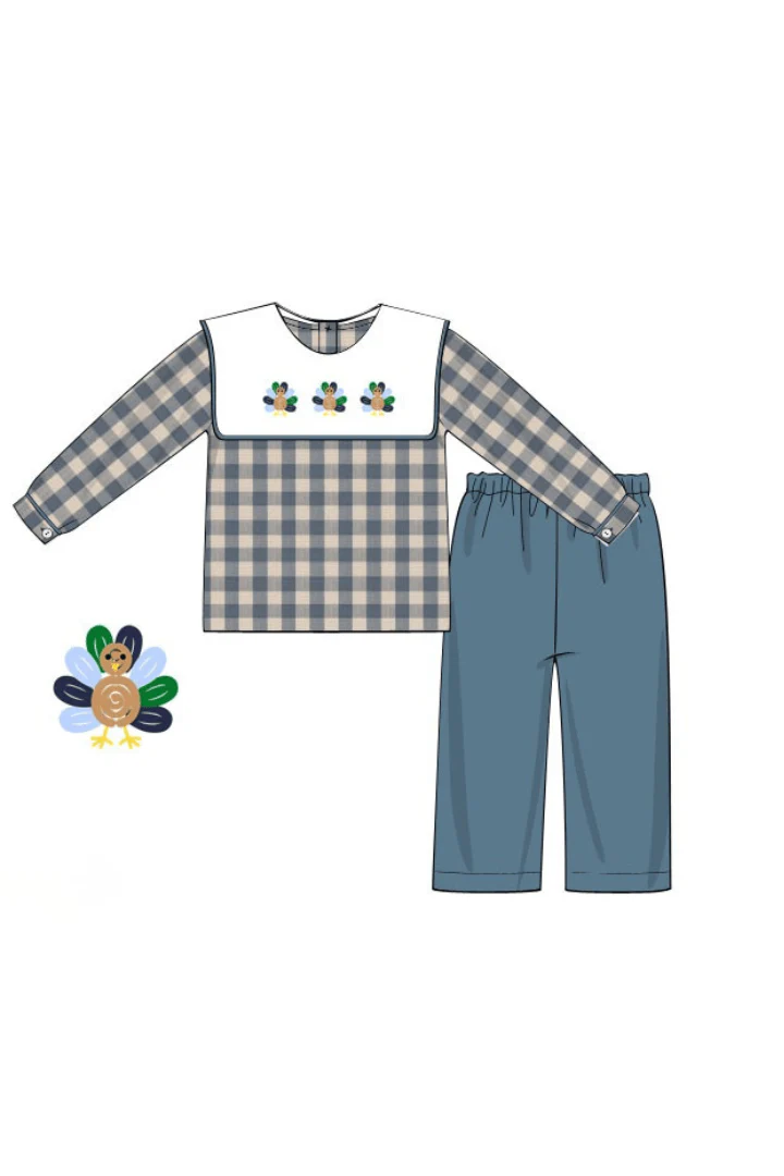 Pre-Order Bullion Turkey Blue Linen Gingham Pant Set