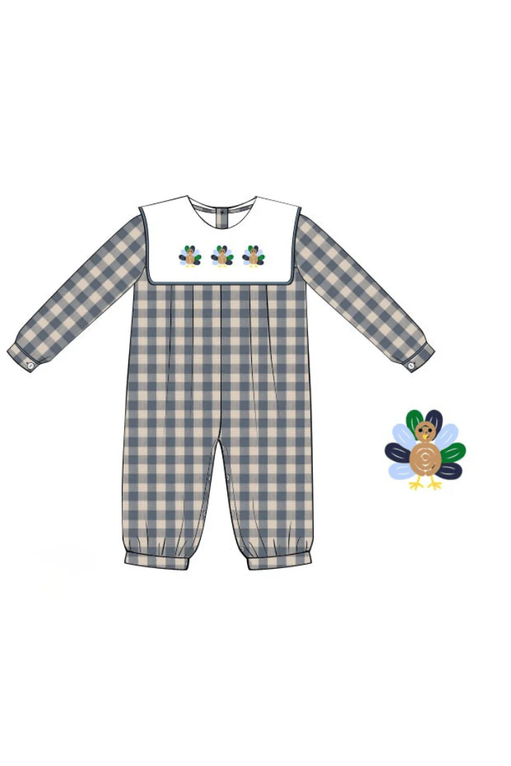 Pre-Order Bullion Turkey Blue Linen Gingham Romper