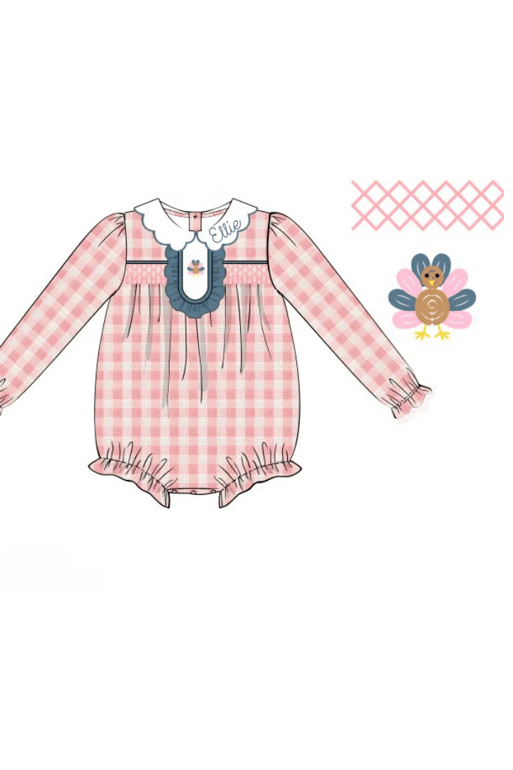 Pre-Order Smocked Bullion Turkey Pink Linen Gingham Ruffle Bubble