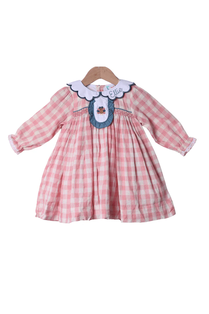 Pre-Order Smocked Bullion Turkey Pink Linen Gingham Ruffle Dress - Image 2