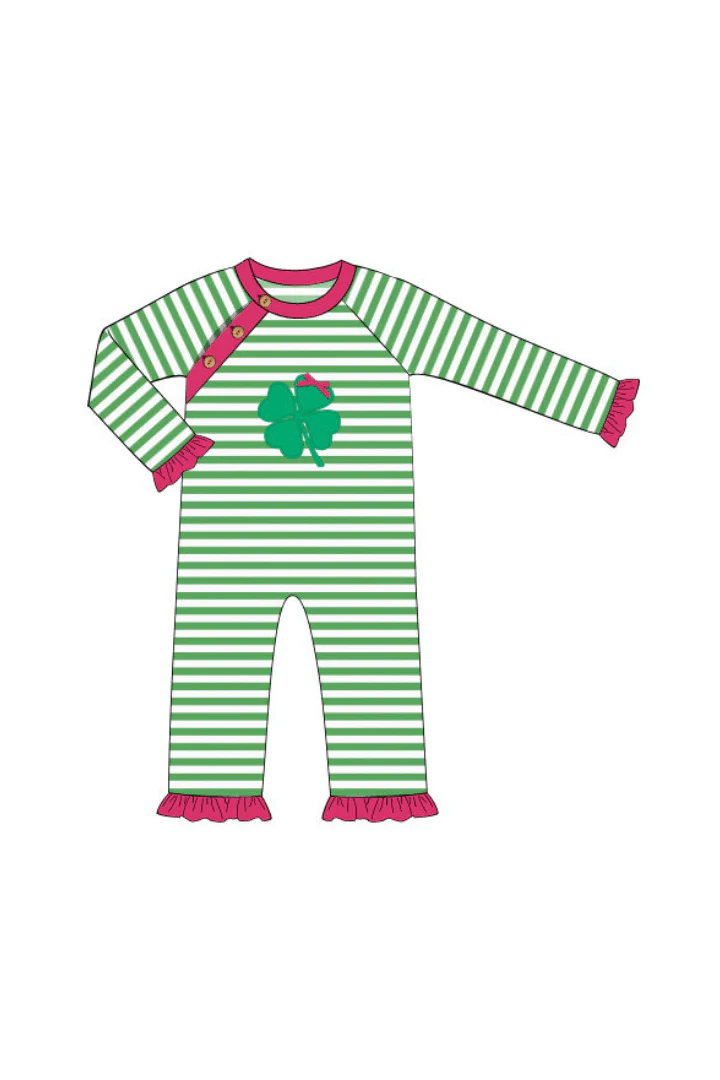 Clover Applique Green Stripe Romper - Image 2