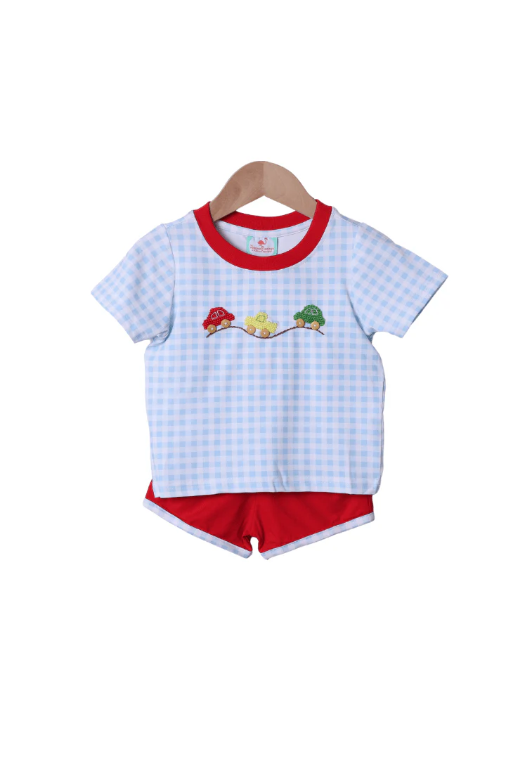 Crochet Cars Blue Gingham/Red Short Set