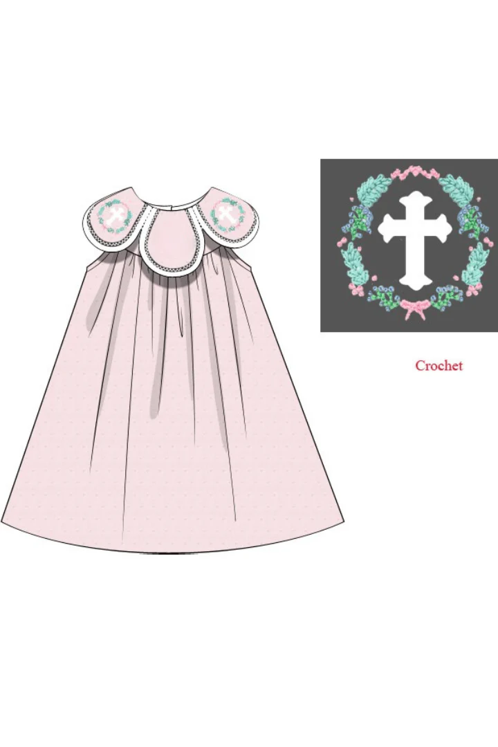 Crochet Cross Pink Swiss Dot Monogram Tulip Dress - Image 3
