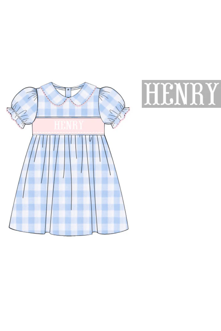Pre-Order Custom Name Smocked Blue Gingham Dress