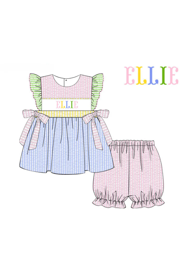 Pre-Order Custom Name Smocked Colorblock Seersucker Bloomer Set