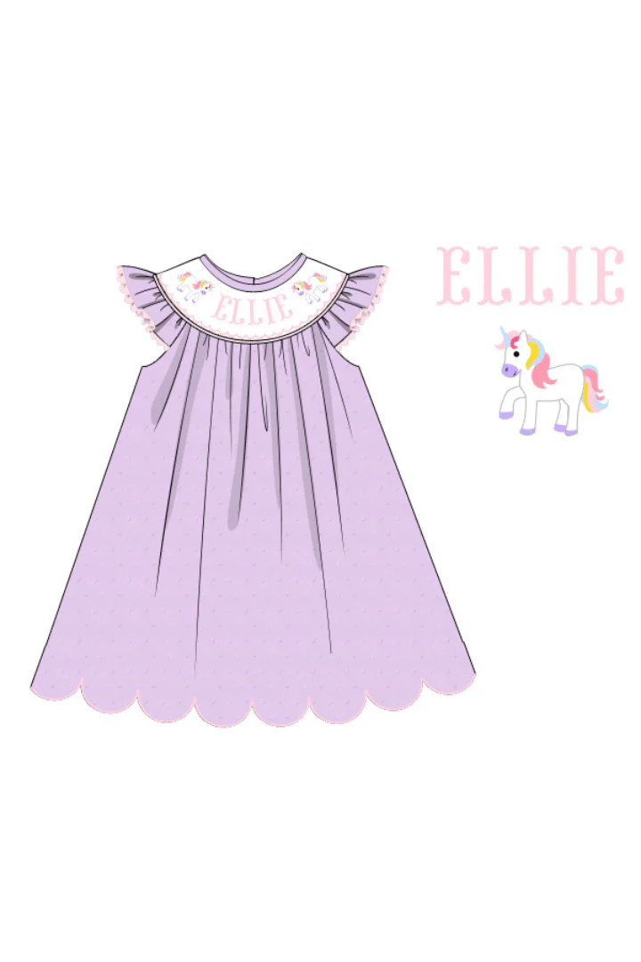 Pre-Order Custom Name Smocked Unicorn Lavender Swiss Dot Dress