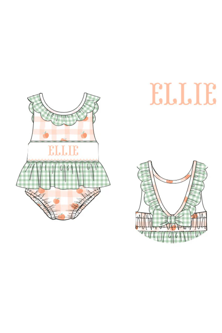 Pre-Order Custom Name Smocked Peach Plaid Swimsuit