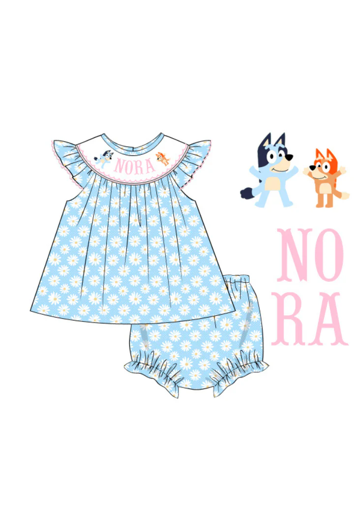 Pre-Order Custom Name Smocked Puppy Blue Daisy Bloomer Set