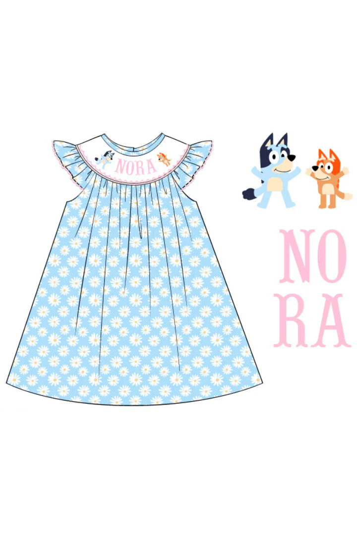 Pre-Order Custom Name Smocked Puppy Blue Daisy Dress