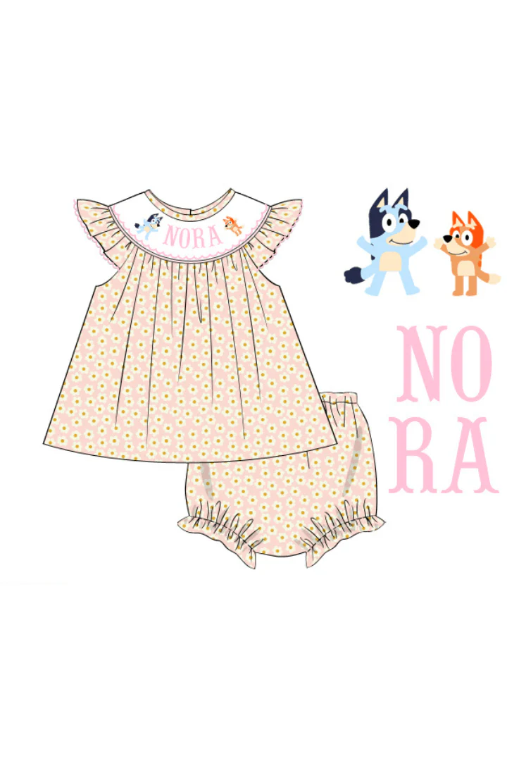 Pre-Order Custom Name Smocked Puppy Pink Daisy Bloomer Set