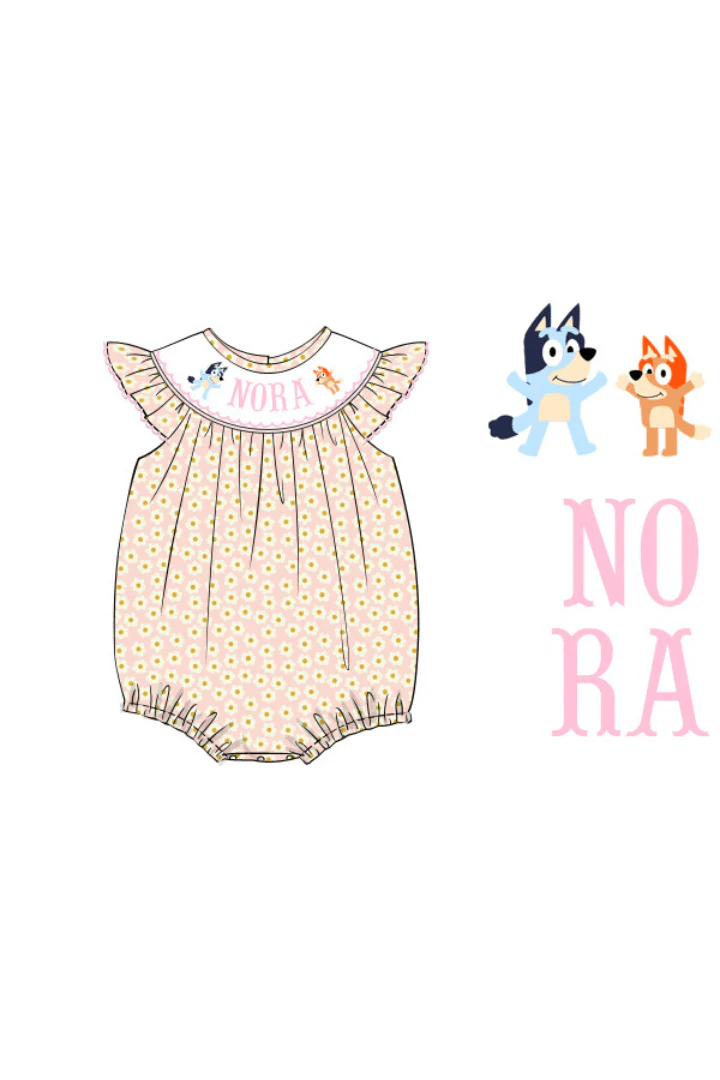 Pre-Order Custom Name Smocked Puppy Pink Daisy Bubble