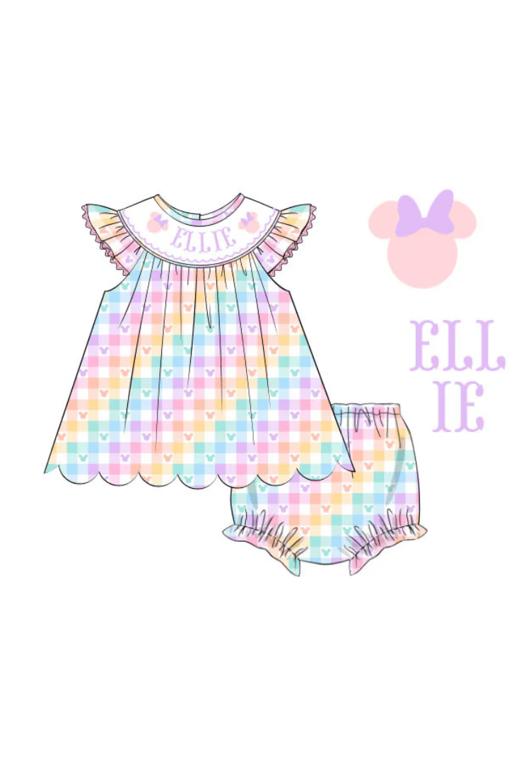 Pre-Order Custom Name Smocked Mouse Plaid Bishop Bloomer Set